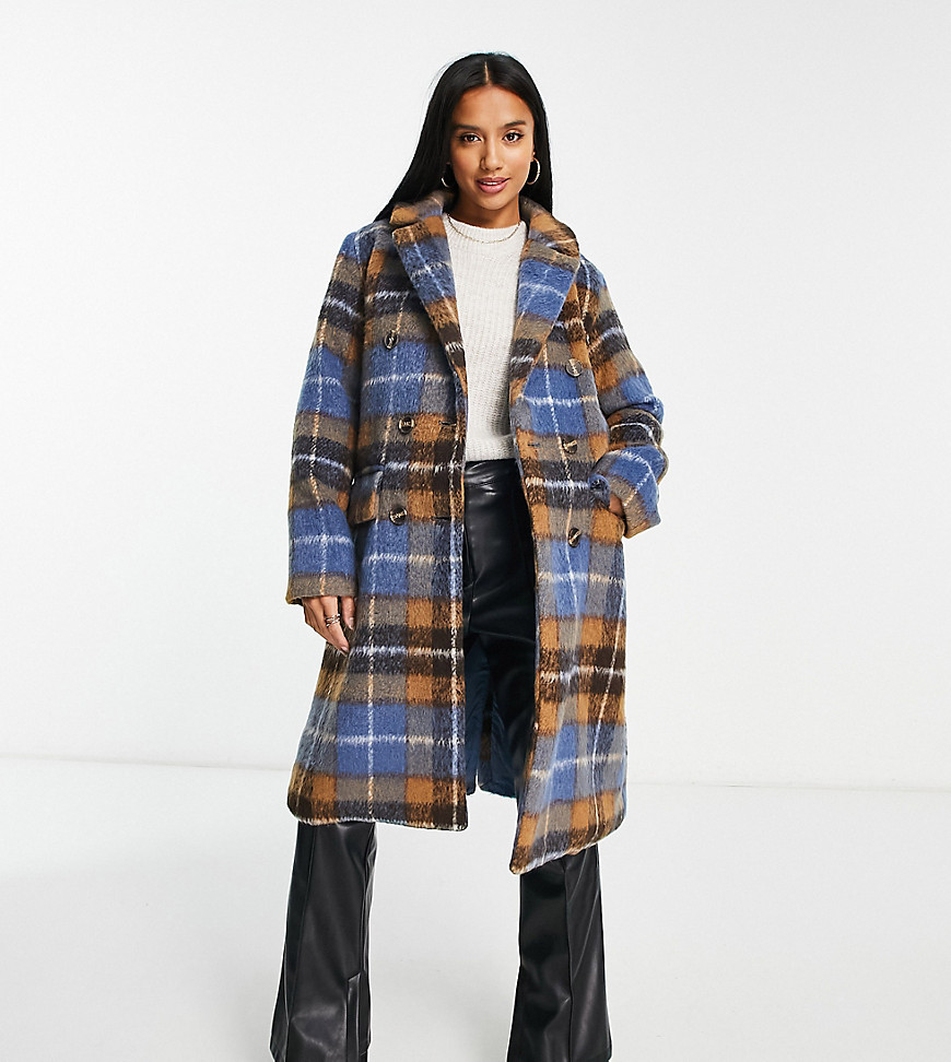 Qed London Petite Double Breasted Longline Coat In Blue Check