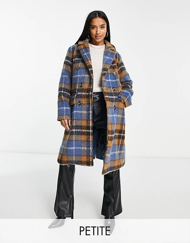 QED London Petite - double breasted longline coat in blue check