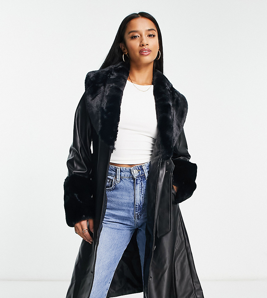 QED London Petite faux leather longline coat with faux fur collar and cuffs in black