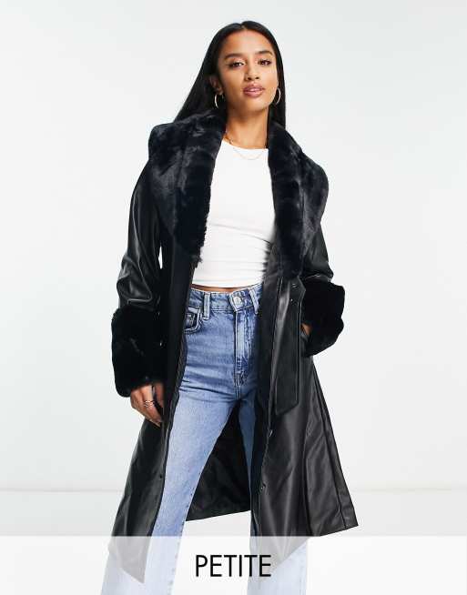 Missguided Petite Faux Leather Contrast Trim Trench Coat