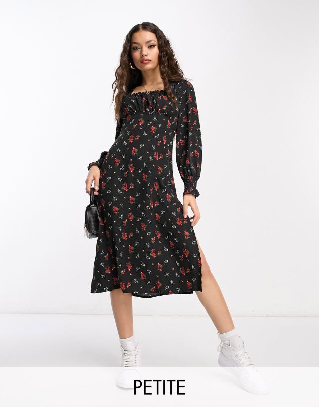 QED London Petite square neck shirring midi dress in black floral