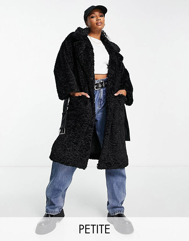 QED London Petite - teddy longline coat with pu belt in black