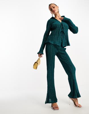 QED London plisse flared trousers in teal