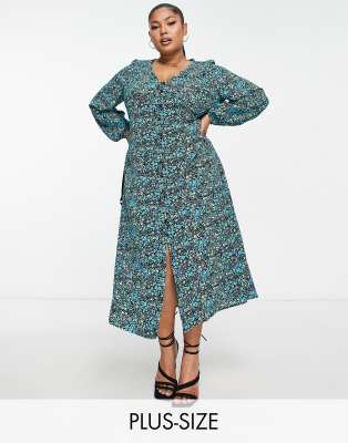 QED London Plus QED London Plus balloon sleeve midi tea dress in blue floral-Multi