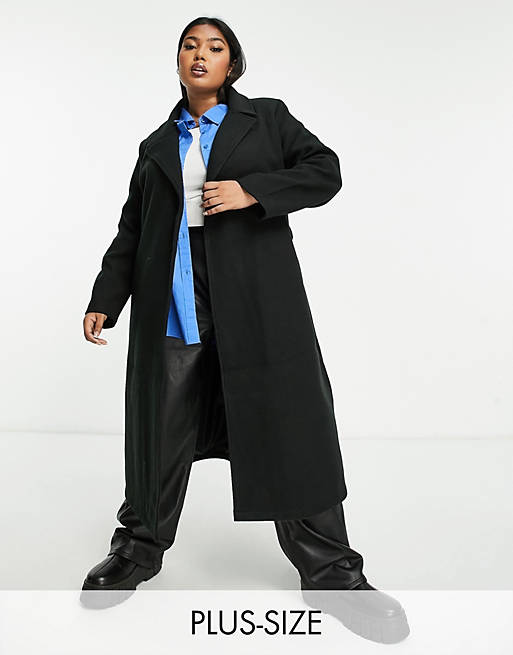 QED London Plus belted longline coat in black