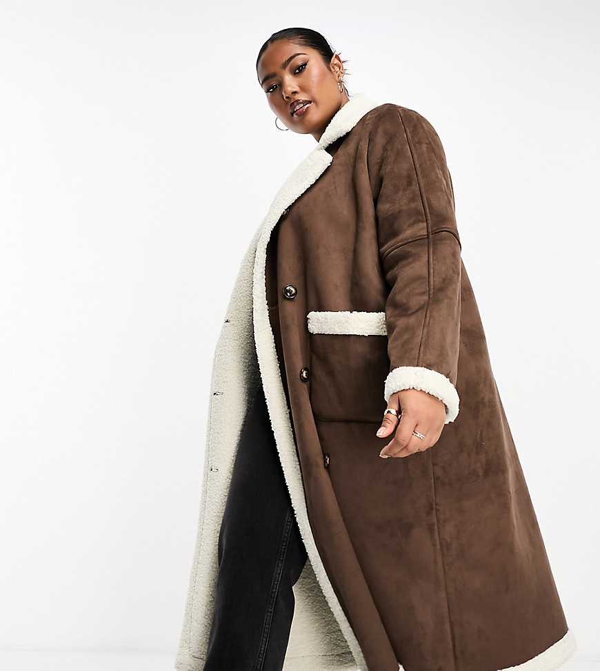 QED London Plus bonded longline aviator coat with borg trims in camel-Neutral