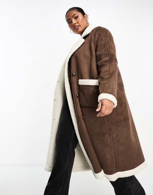 QED London Plus bonded longline aviator coat with borg trims in camel ...