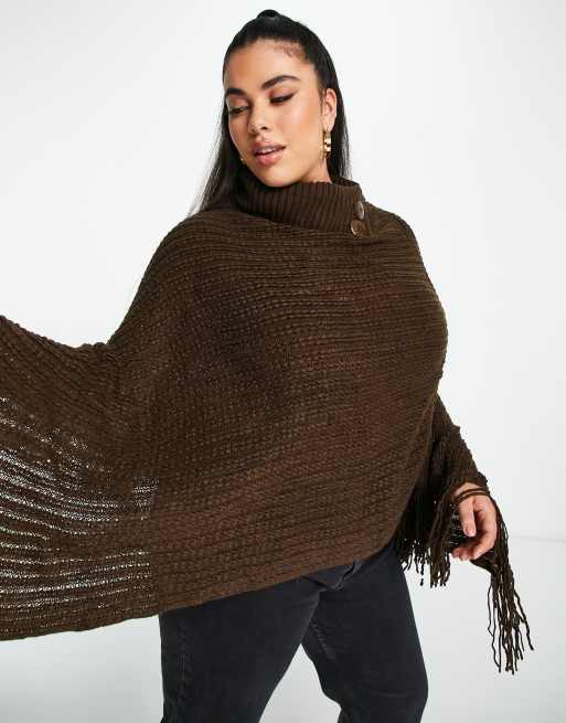 QED London Plus - Chokoladebrun poncho med frynsekant