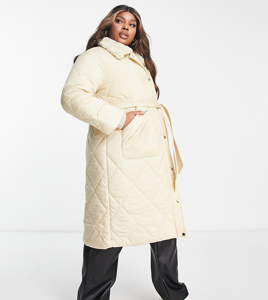 QED London Plus diamond quilt belted coat in stone-Neutral