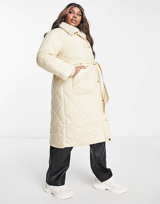 QED London Plus diamond quilt belted coat in stone | ASOS
