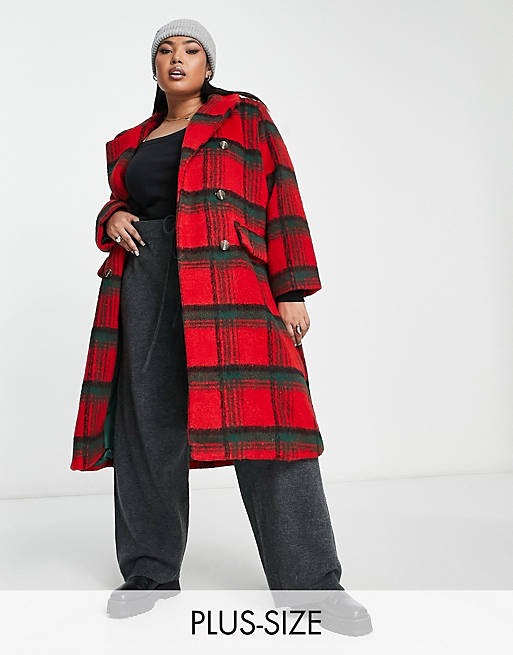 QED London Plus double breasted longline coat in red check
