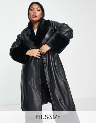 QED London Plus faux leather longline coat with faux fur collar and cuffs in black φωτογραφία