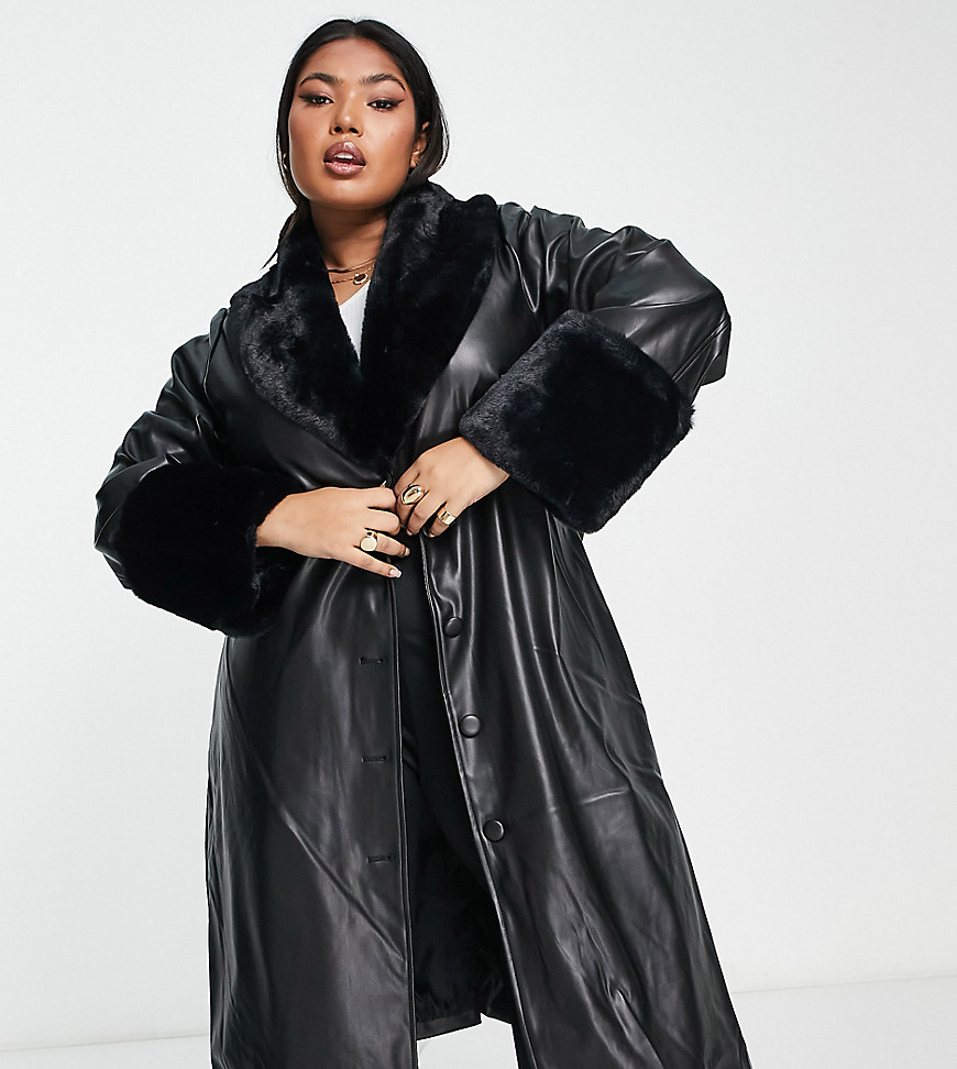 QED London Plus faux leather longline coat with faux fur collar and cuffs in black
