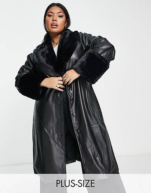 QED London Plus faux leather longline coat with faux fur collar and ...