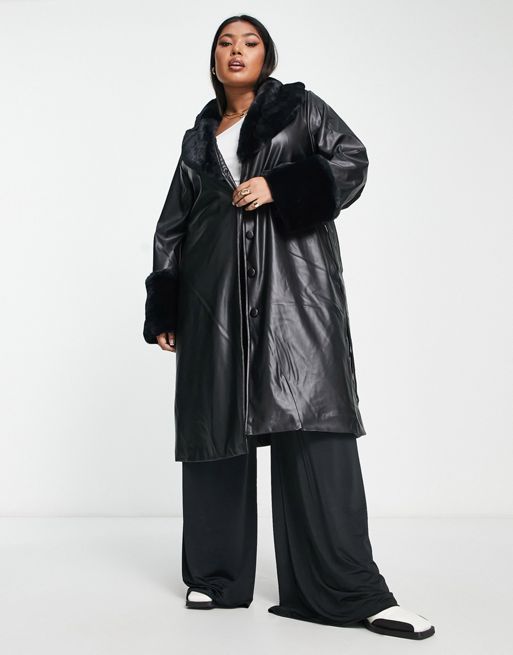 QED London Plus faux leather longline coat with faux fur collar and cuffs  in black