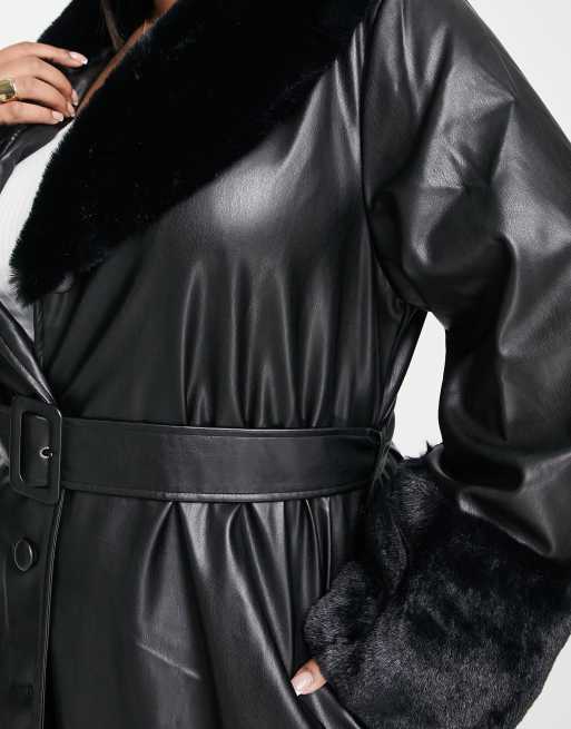 Faux leather jacket with 2025 fur collar plus size