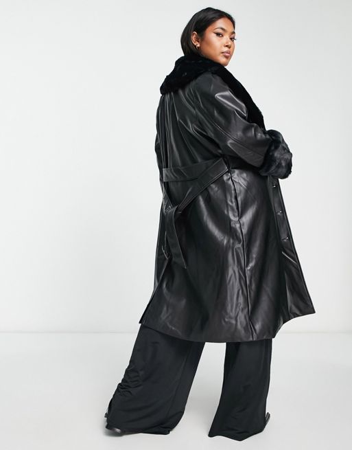 QED London Plus faux leather longline coat with faux fur collar