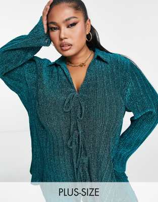 QED London Plus long sleeve plisse glitter shirt with tie front co-ord in teal