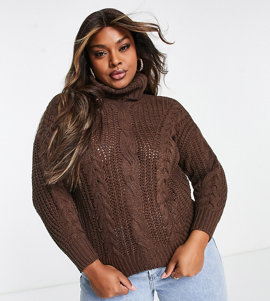QED London Plus oversized roll neck cable knit jumper in chocolate brown