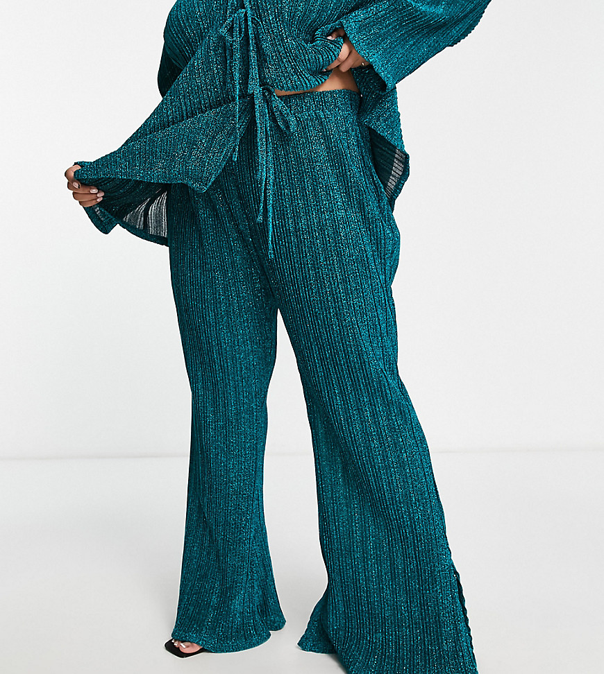 QED London Plus plisse glitter flared trousers co-ord in teal-Blue