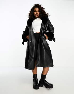 QED London Plus QED London Plus PU longline coat with fauc fur trims in black