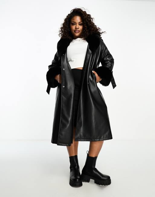 QED London Plus PU longline coat with faux fur trims in black | ASOS