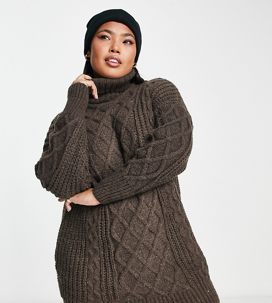 QED London Plus roll neck cable knit sweater dress in chocolate brown