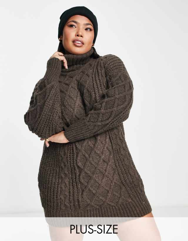 QED London Plus roll neck cable knit sweater dress in chocolate brown