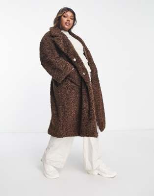 QED London Plus teddy longline coat with PU belt in chocolate brown