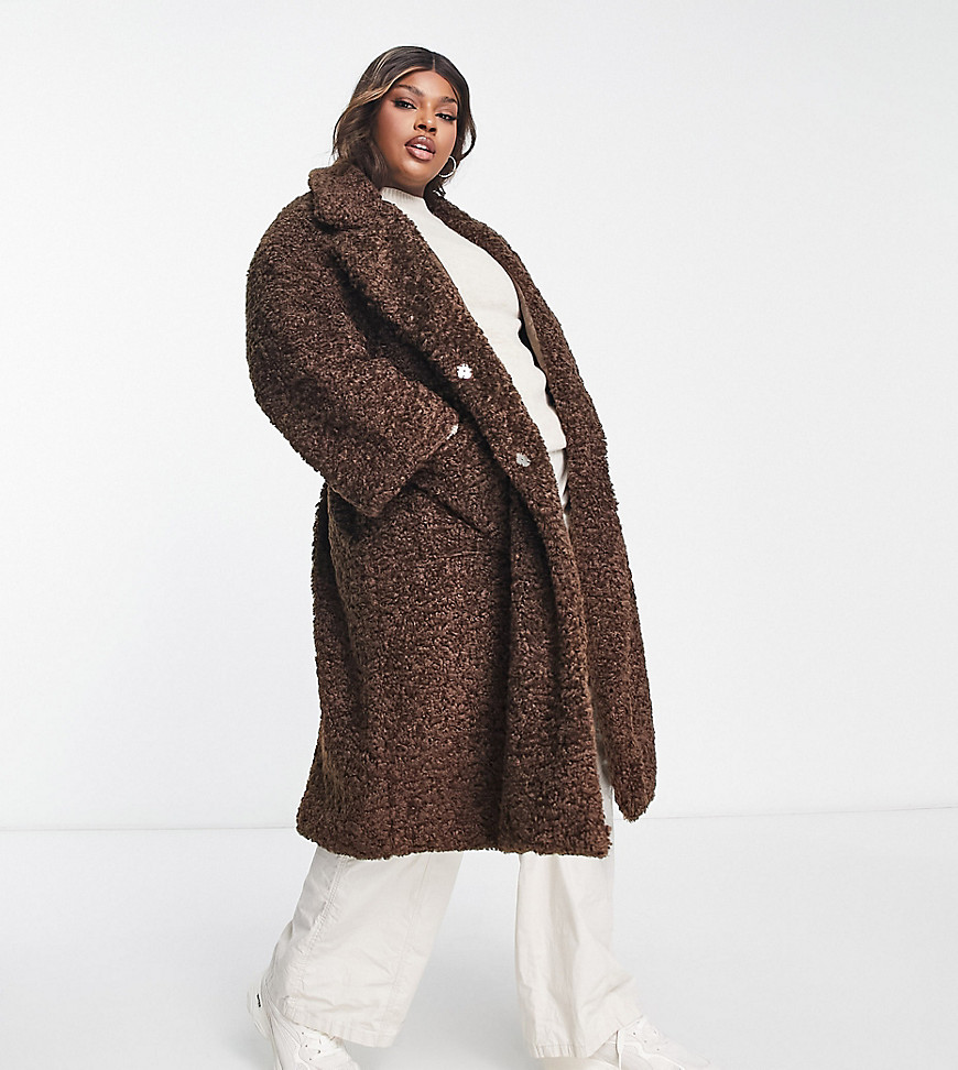 teddy longline coat with PU belt in chocolate brown