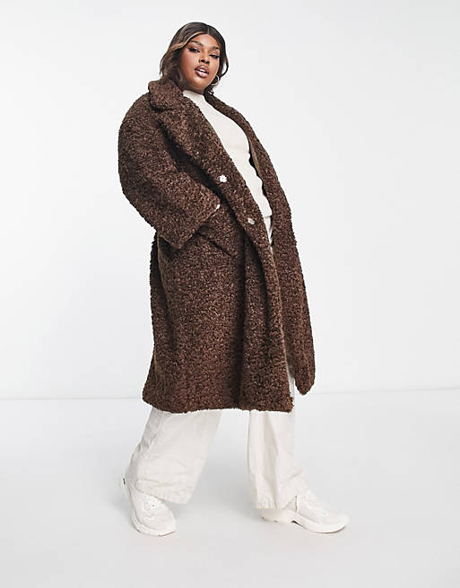 QED London Plus teddy longline coat with PU belt in chocolate brown