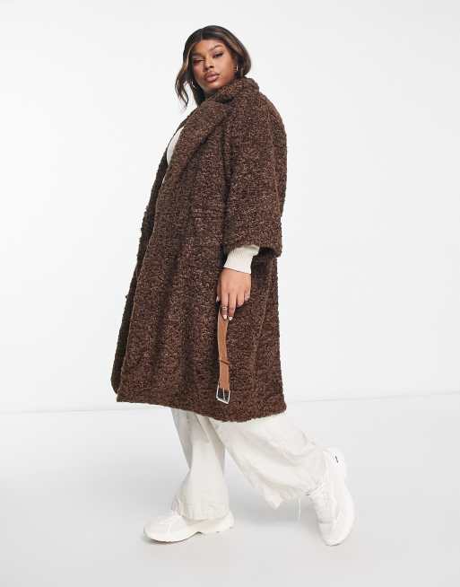 QED London Plus teddy longline coat with PU belt in chocolate brown