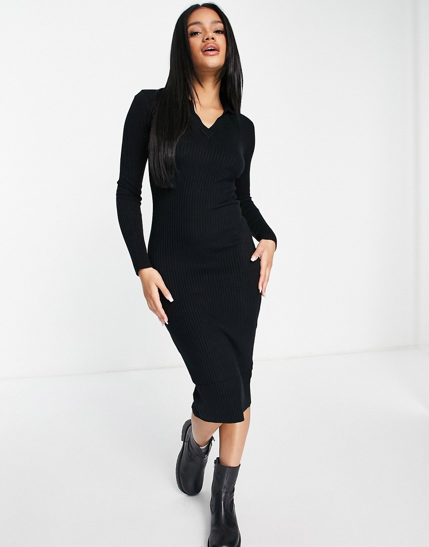 QED London polo knitted midi dress in black - Forevershoppers