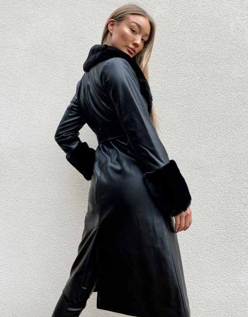 QED London PU button down trench coat with fur trims in black ASOS