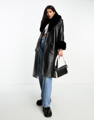 QED London PU longline coat with faux fur trims in black