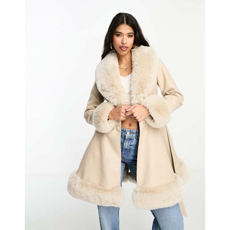 QED London PU tie waist coat with faux fur trims in cream | ASOS