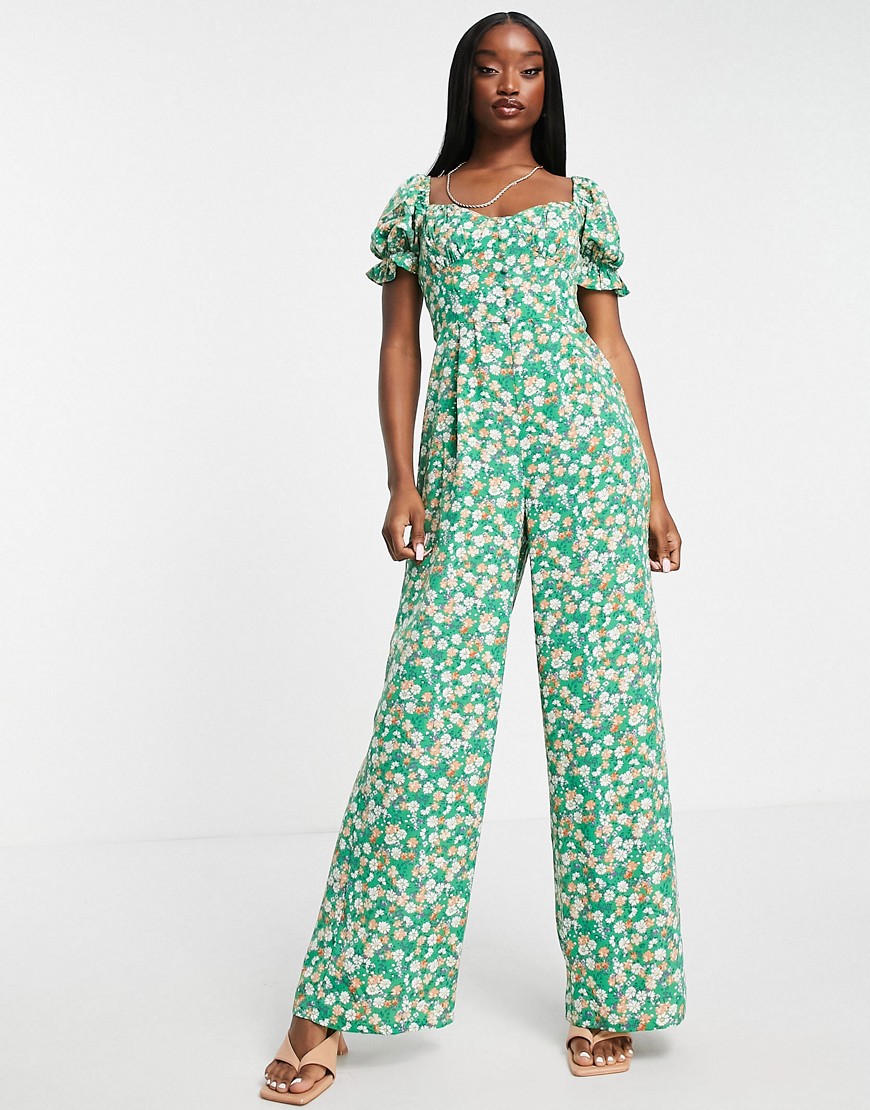 Qed London Puff Sleeve Button Front Wide Leg Jumpsuit In Green Floral Print-Multi