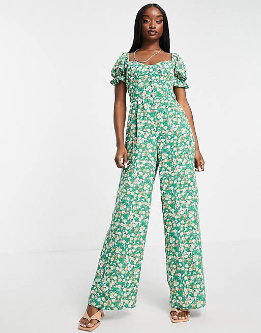 QED London puff sleeve button front wide leg jumpsuit in green floral print
