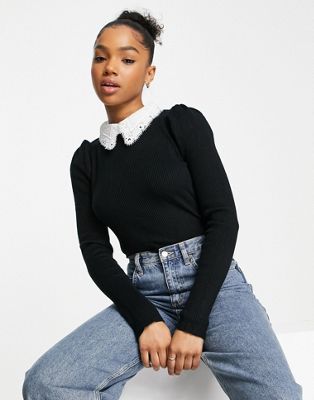 QED London puff sleeve jumper with lace collar in black