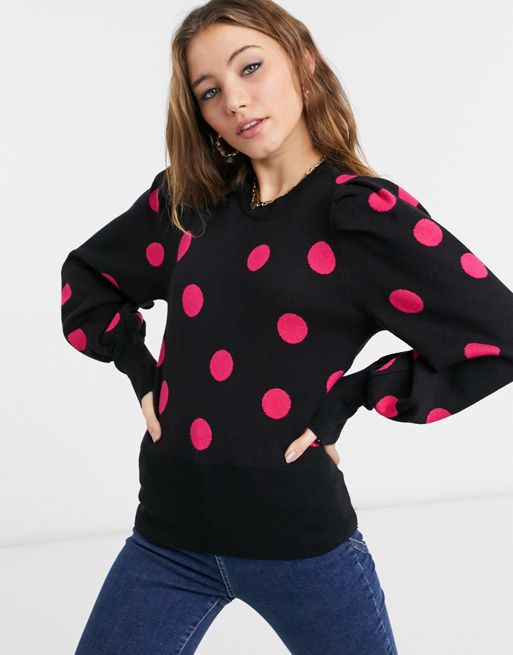 Qed London Puff Sleeve Polka Dot Jumper In Black And Pink Faoswalim