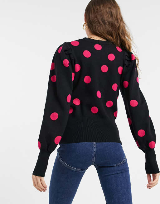 Qed London Puff Sleeve Polka Dot Jumper In Black And Pink Asos