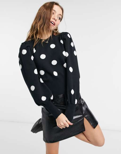 Qed London Puff Sleeve Polka Dot Jumper In Black And White Faoswalim