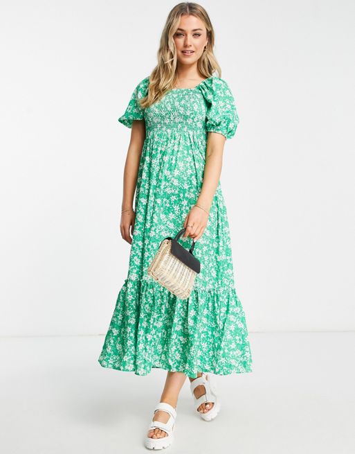 QED London puff sleeve square neck maxi dress in green floral | ASOS