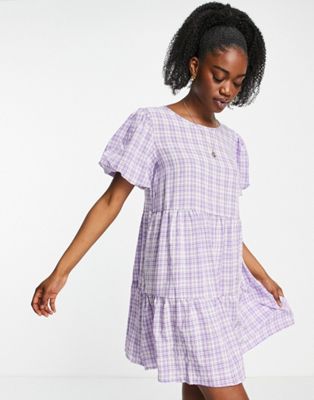 QED London puff sleeve tiered smock dress in lilac gingham