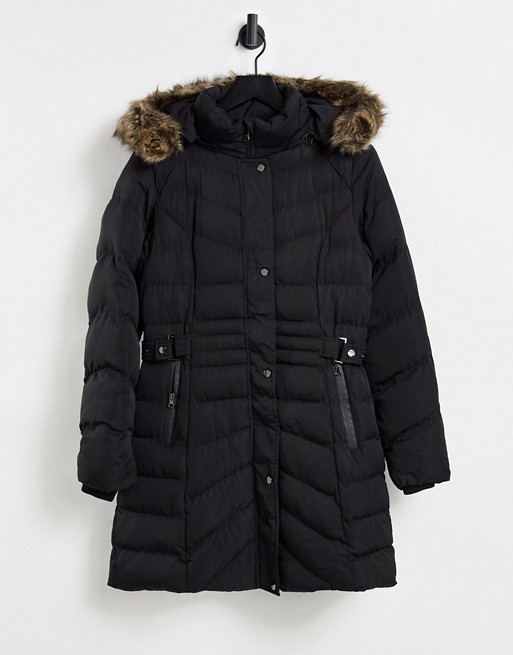 QED London puffer coat with faux fur trim in black | ASOS