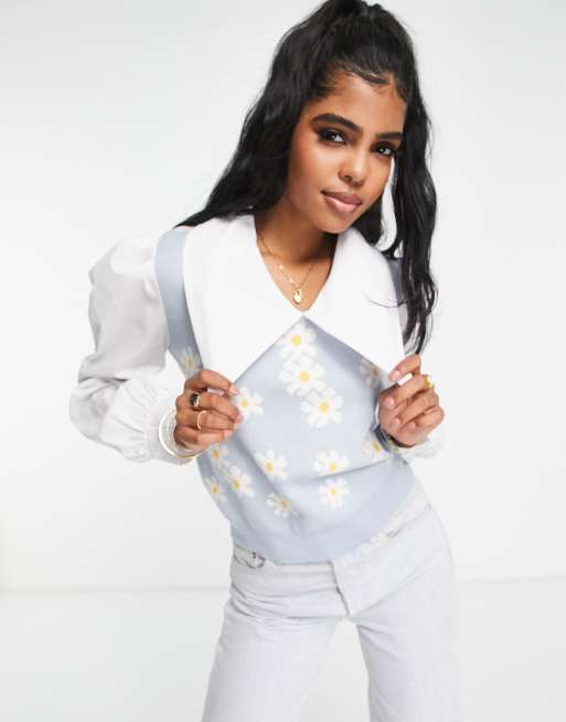 QED London - Pull chemise 2 en 1 à fleurs - Bleu