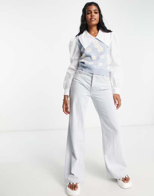QED London - Pull chemise 2 en 1 à fleurs - Bleu, 4 de 4
