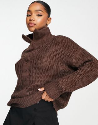 QED London quarter zip cable knit jumper in chocolate brown