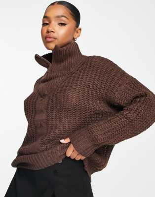 QED London quarter zip cable knit jumper in chocolate brown | ASOS