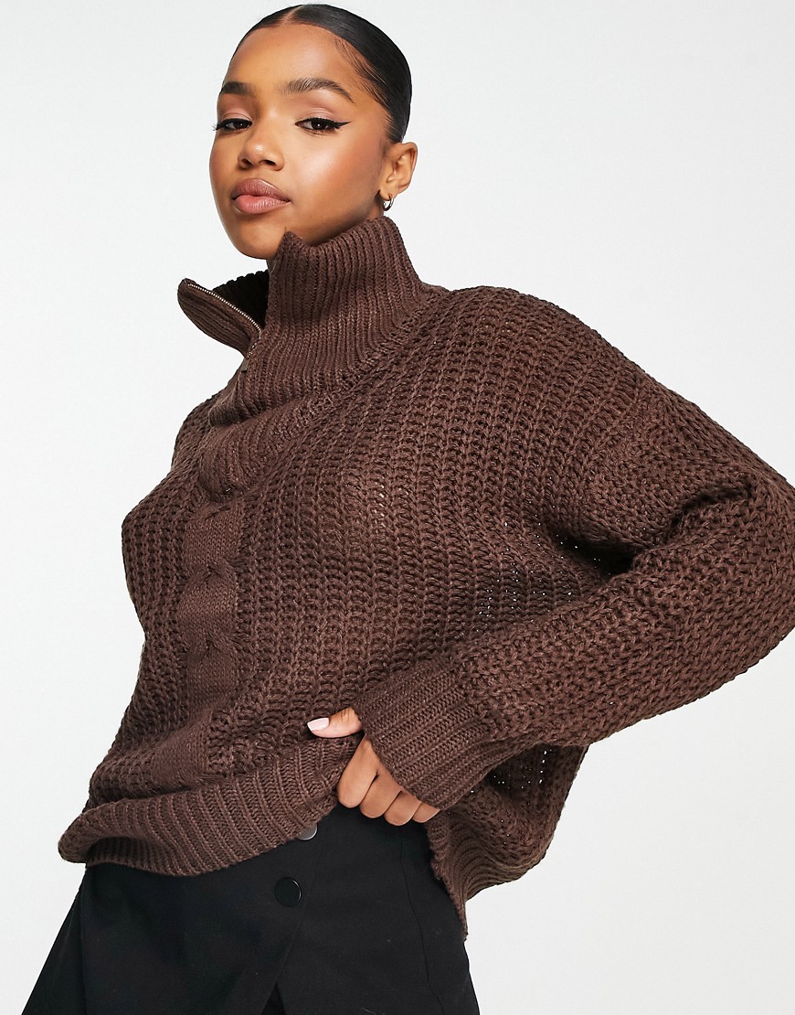QED London quarter zip cable knit sweater in chocolate brown